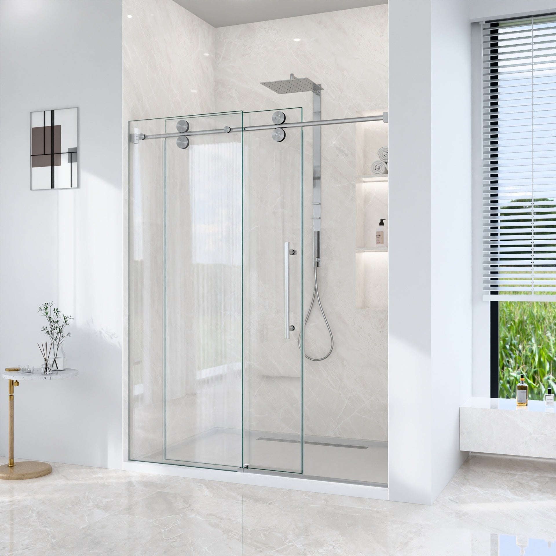 56"-60"W*72" H Frameless Single Sliding Shower Door – 5/16" (8mm) Clear Tempered Glass, Bypass Design with Brushed Nickel Finish