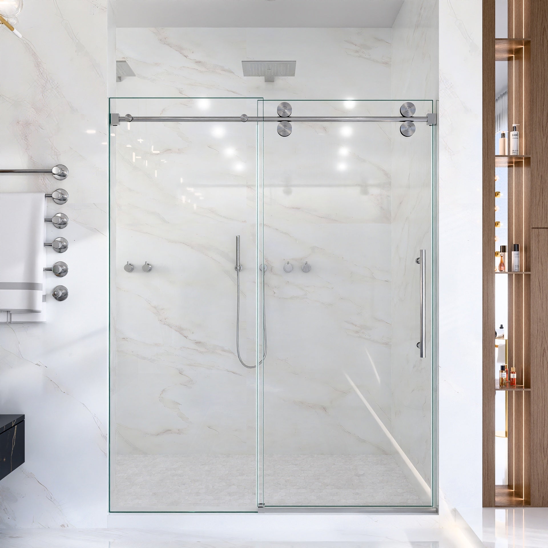 56"-60"W*72" H Frameless Single Sliding Shower Door – 5/16" (8mm) Clear Tempered Glass, Bypass Design with Brushed Nickel Finish