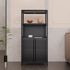Black bamboo storage cabinet, separate bathroom cabinet with 2 doors, floor cabinet organizer for living room, kitchen, entrance