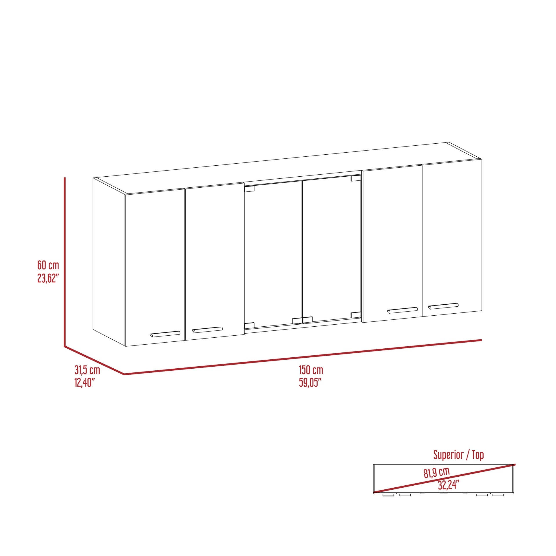 Superior 150 Wall Cabinet With Glass, Four Interior Shelves, Two Double Door -Black