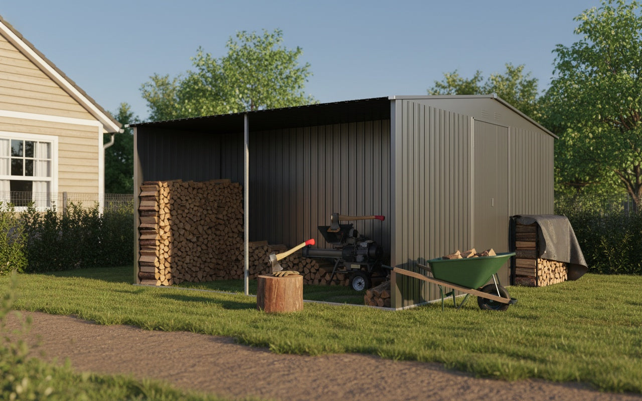 New Outdoor Storage Shed Has Two Functions: Metal Shed And Firewood Shed 13 ft×11 ft , More Suitable For Winter , Grey