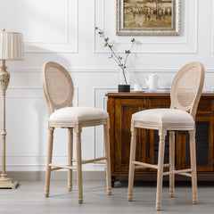 French Country Wooden Barstools Rattan Back With Upholstered Seating , Beige and Natural ,Set of  2