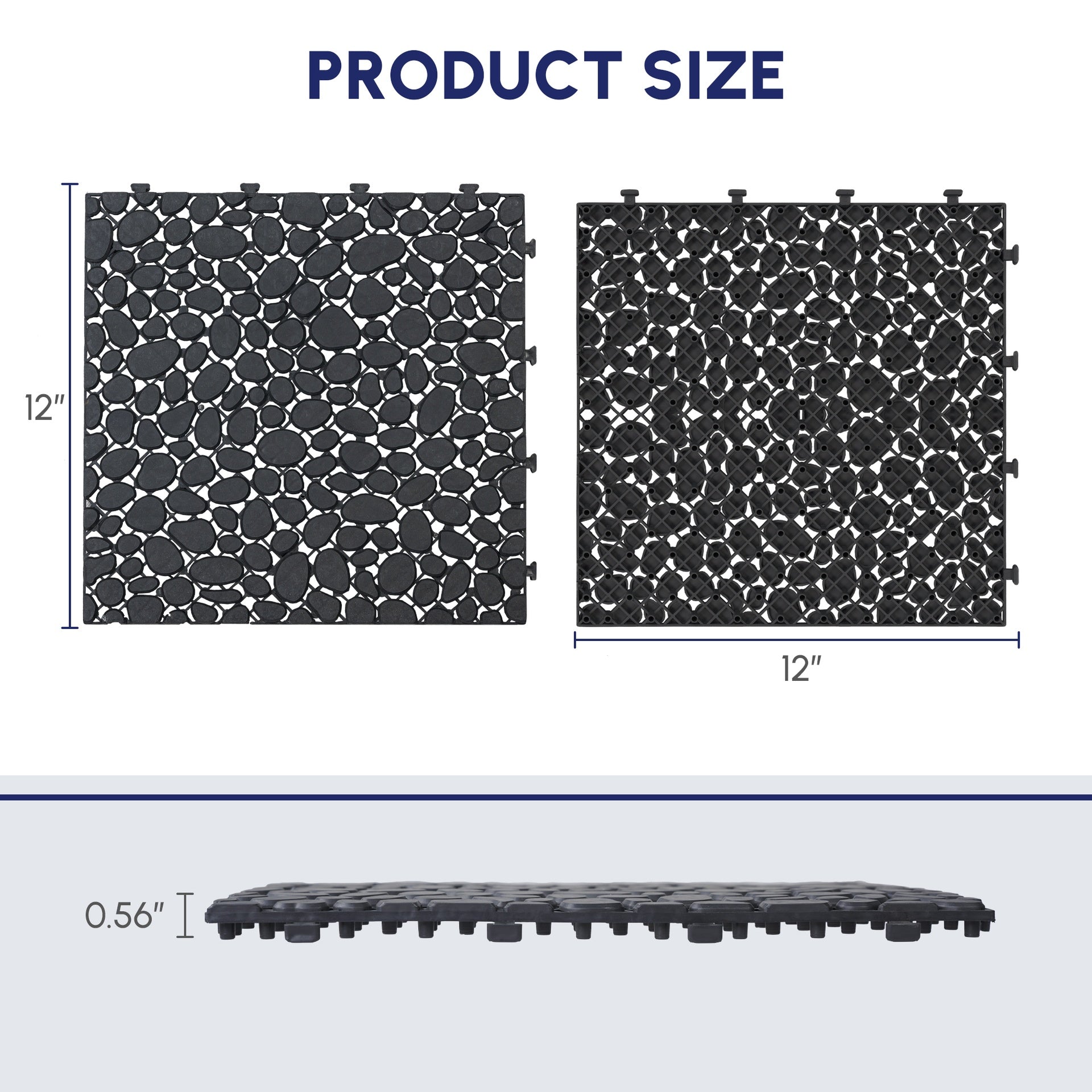 12 x 12 Inch Black Interlocking Deck Tiles Plastic Waterproof Outdoor All Weather Anti-slip Bathroom Shower Balcony Porch Strong Weight Capacity Upto 440 LBS, Pebble Stone Pattern Pack of 12