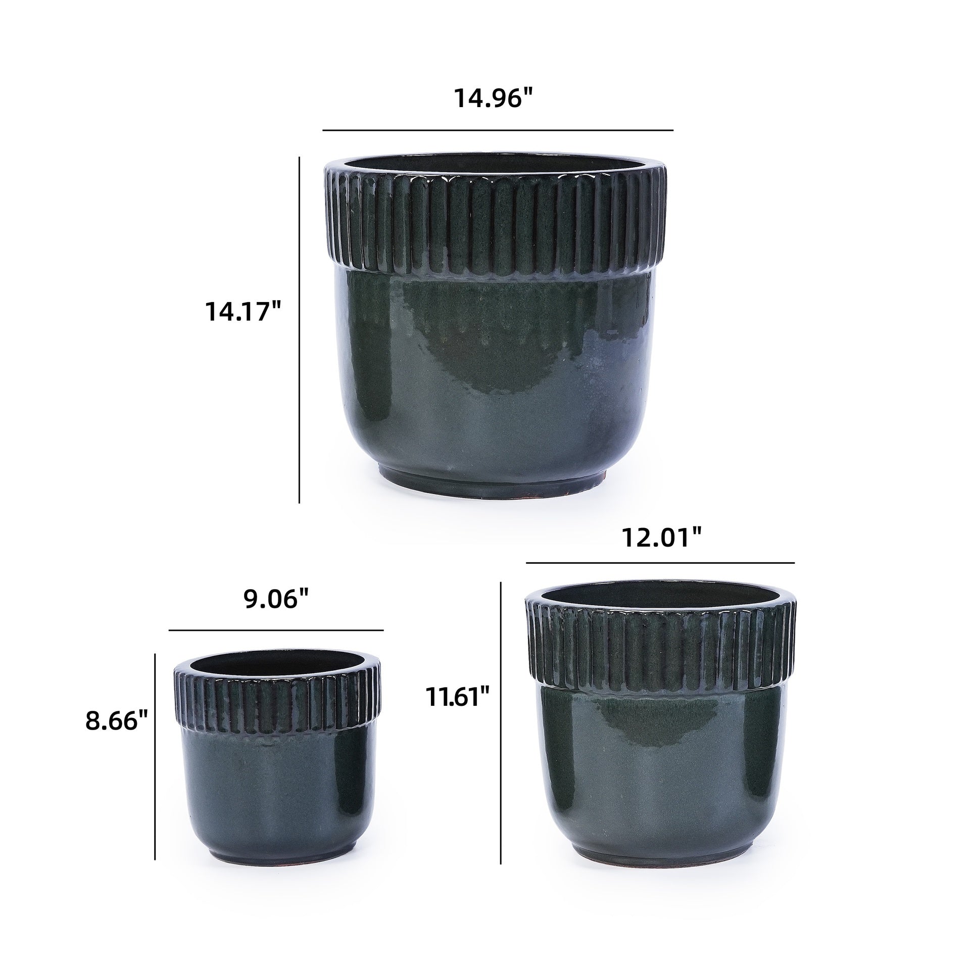 Handmade Ceramic Planter Set of 3, 15/14/9 Inch Diameter, Black Ribbed Pattern, for Succulents Indoor/Outdoor Use on Windowsill & Bookshelf, Breathable Clay