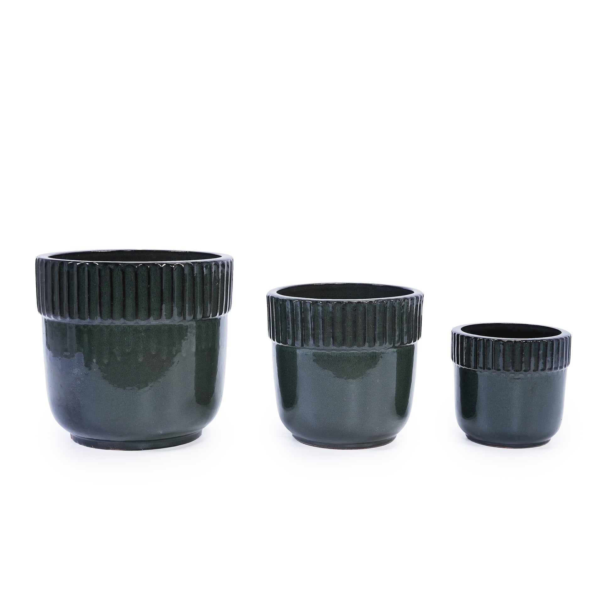 Handmade Ceramic Planter Set of 3, 15/14/9 Inch Diameter, Black Ribbed Pattern, for Succulents Indoor/Outdoor Use on Windowsill & Bookshelf, Breathable Clay