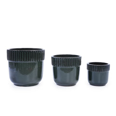 Handmade Ceramic Planter Set of 3, 15/14/9 Inch Diameter, Black Ribbed Pattern, for Succulents Indoor/Outdoor Use on Windowsill & Bookshelf, Breathable Clay
