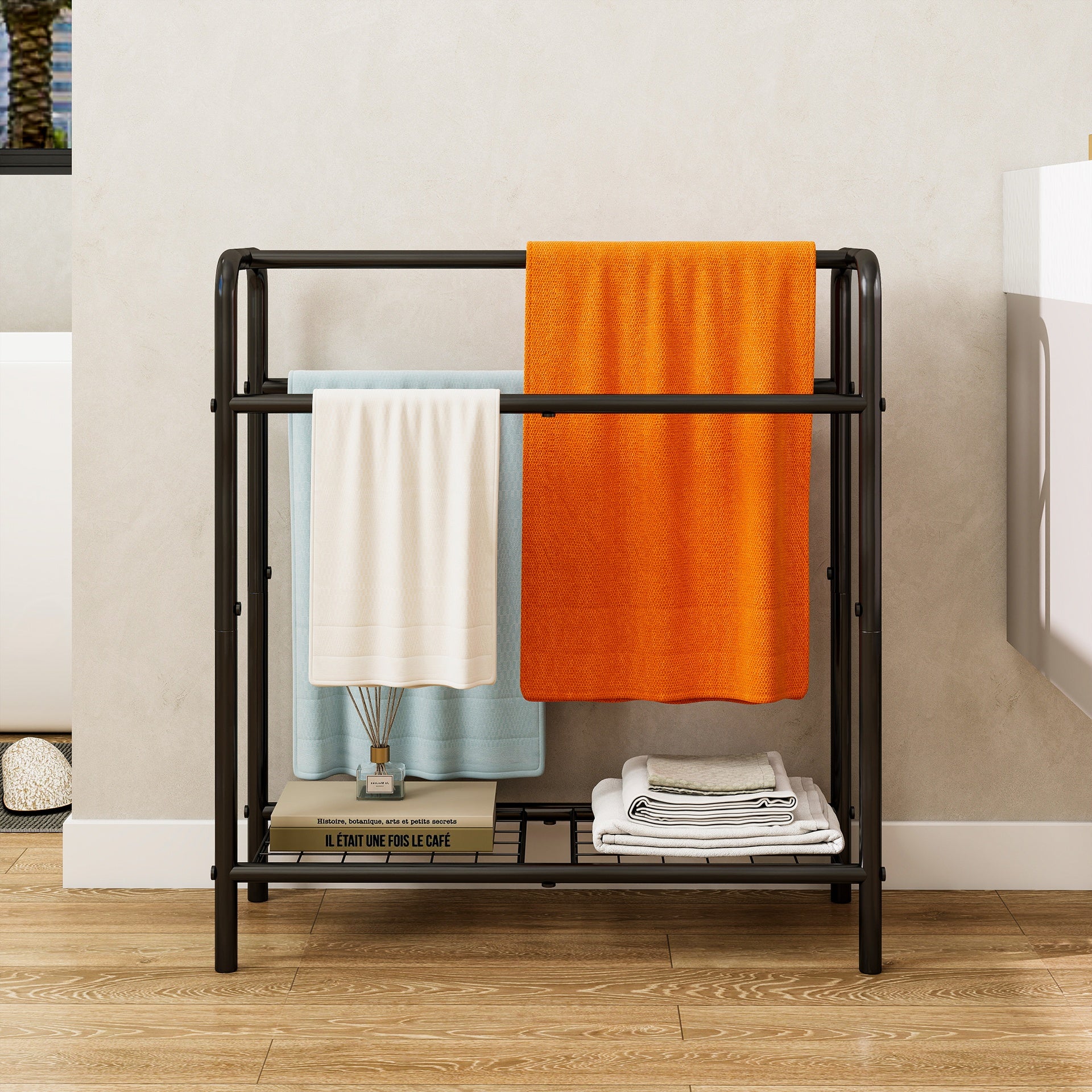 3 Tier Metal Towel Rack, Freestanding Towel Holder for Bathroom, Save Space with Storage, Display Rack for Bedroom, Bathroom, Swimming Pool, Black