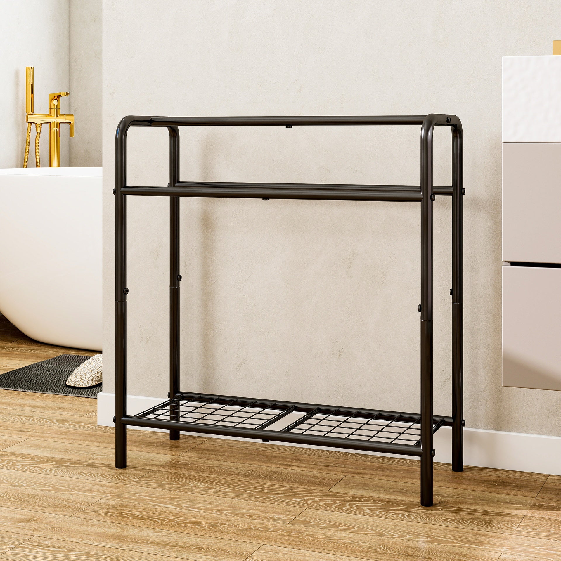 3 Tier Metal Towel Rack, Freestanding Towel Holder for Bathroom, Save Space with Storage, Display Rack for Bedroom, Bathroom, Swimming Pool, Black