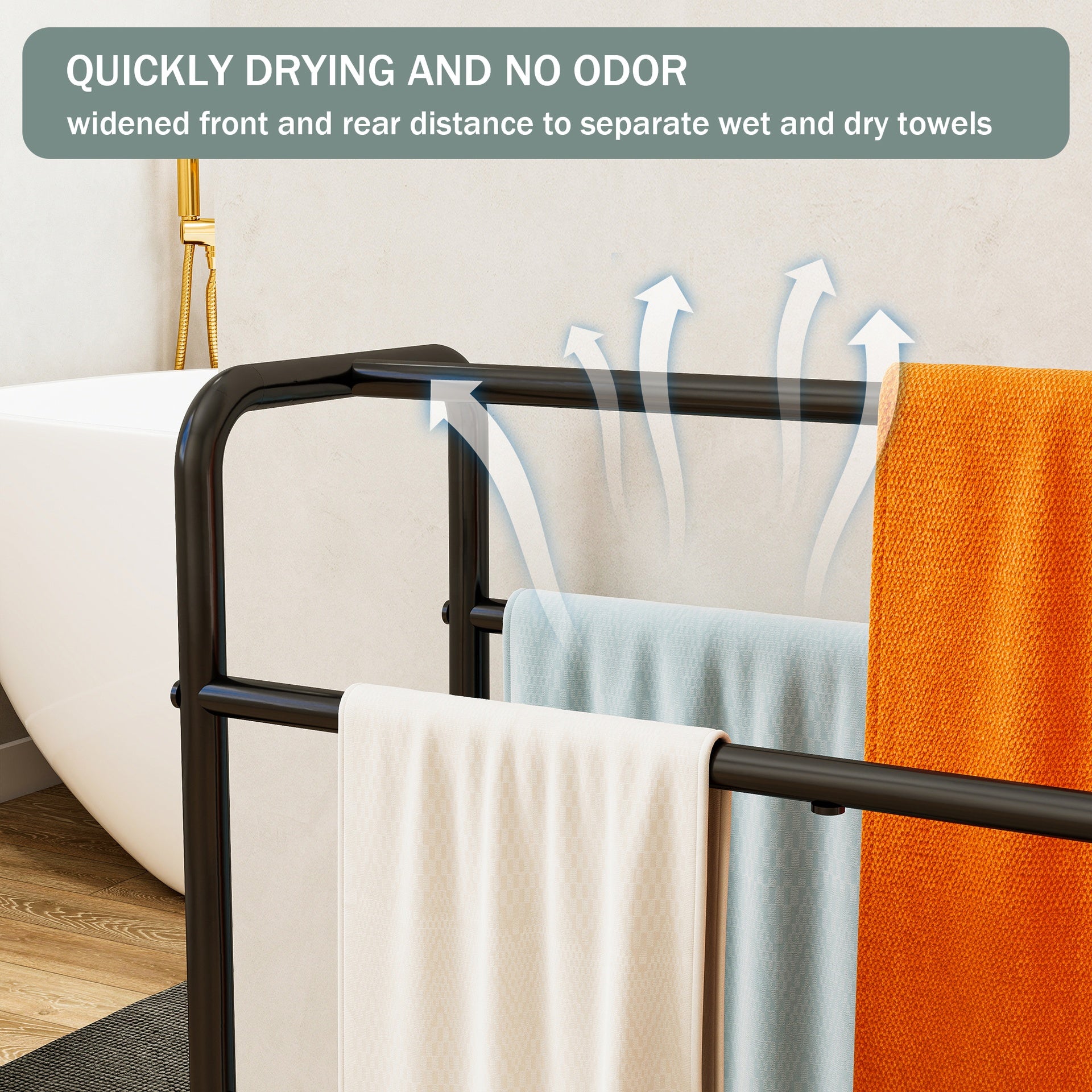 3 Tier Metal Towel Rack, Freestanding Towel Holder for Bathroom, Save Space with Storage, Display Rack for Bedroom, Bathroom, Swimming Pool, Black