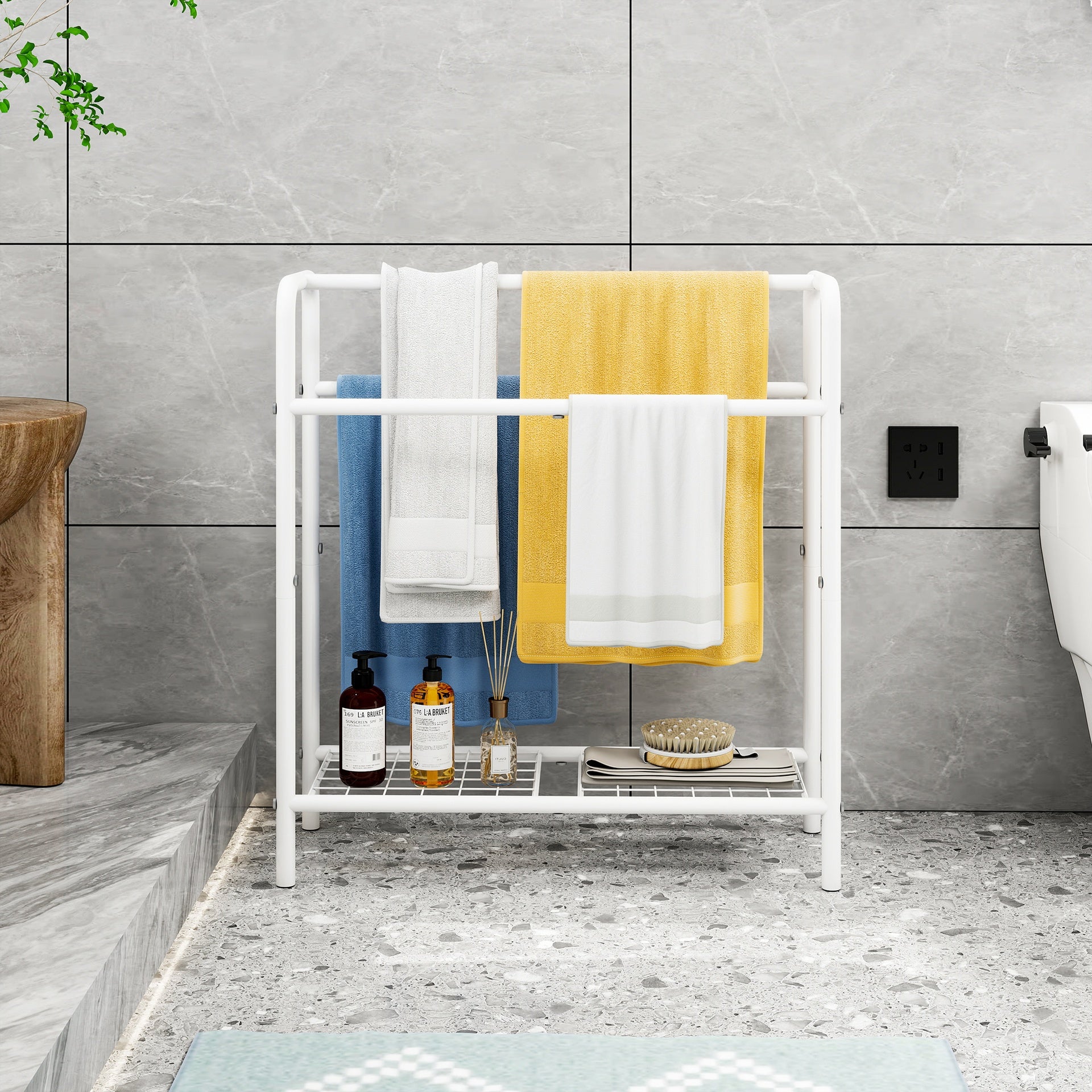 3 Tier Metal Towel Rack, Freestanding Towel Holder for Bathroom, Save Space with Storage, Display Rack for Bedroom, Bathroom, Swimming Pool, White