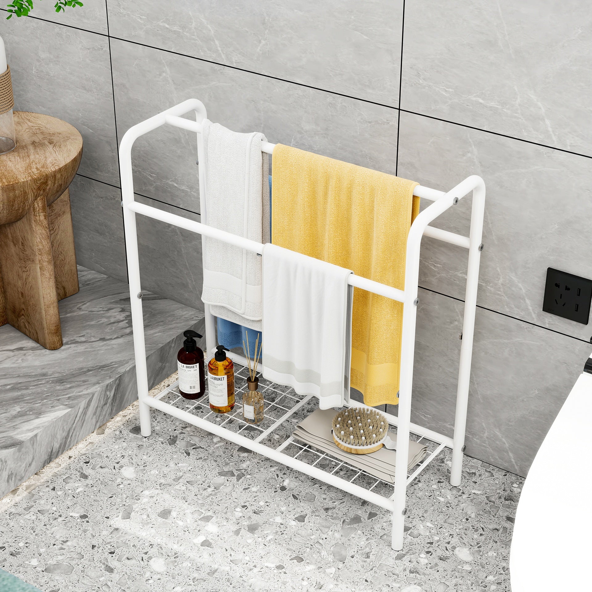 3 Tier Metal Towel Rack, Freestanding Towel Holder for Bathroom, Save Space with Storage, Display Rack for Bedroom, Bathroom, Swimming Pool, White