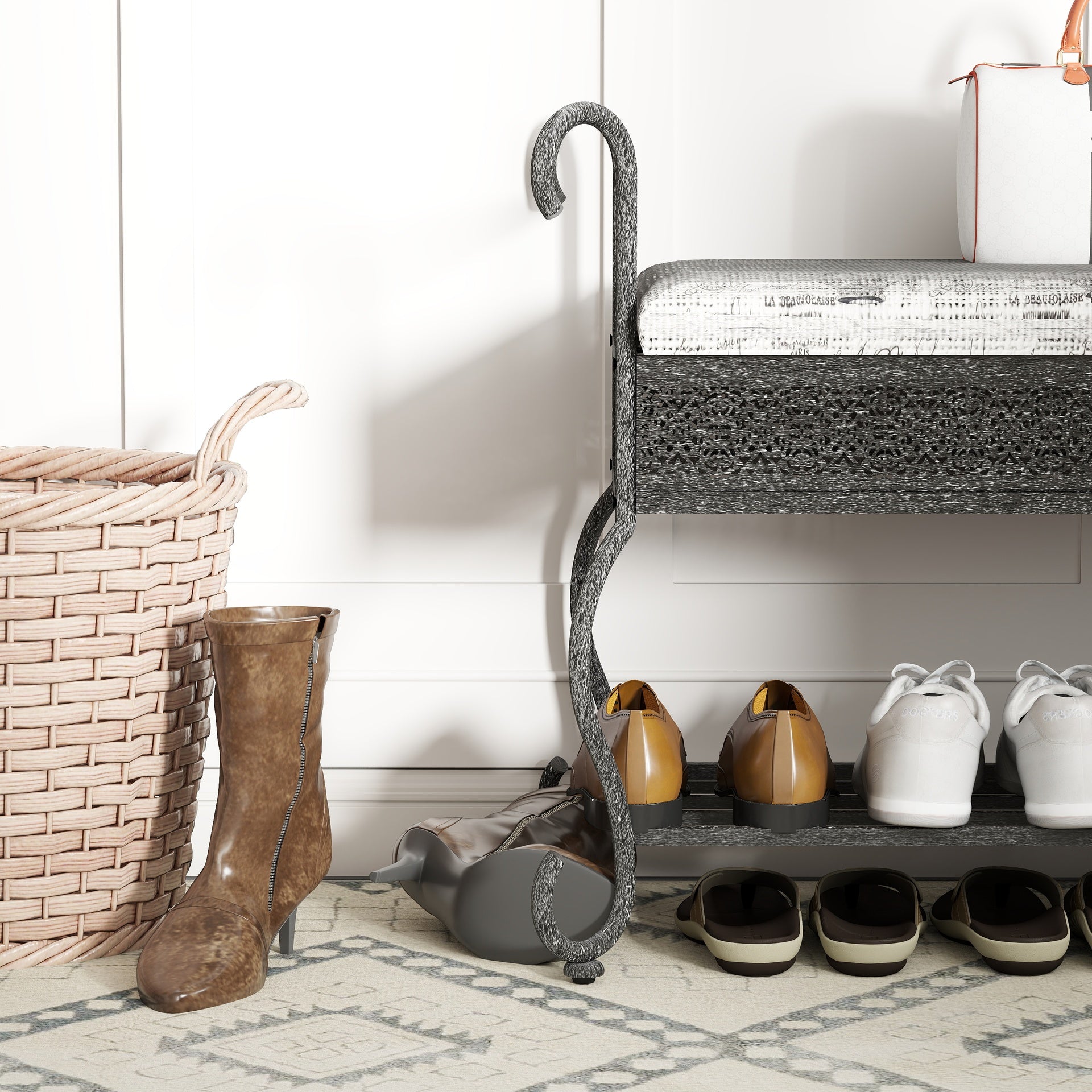 Shoe Rack Bench for Entryway, Industrial Bench, Rustic Shoe Rack for Small Spaces, Upholstered Entryway Bench, Multipurpose Entryway