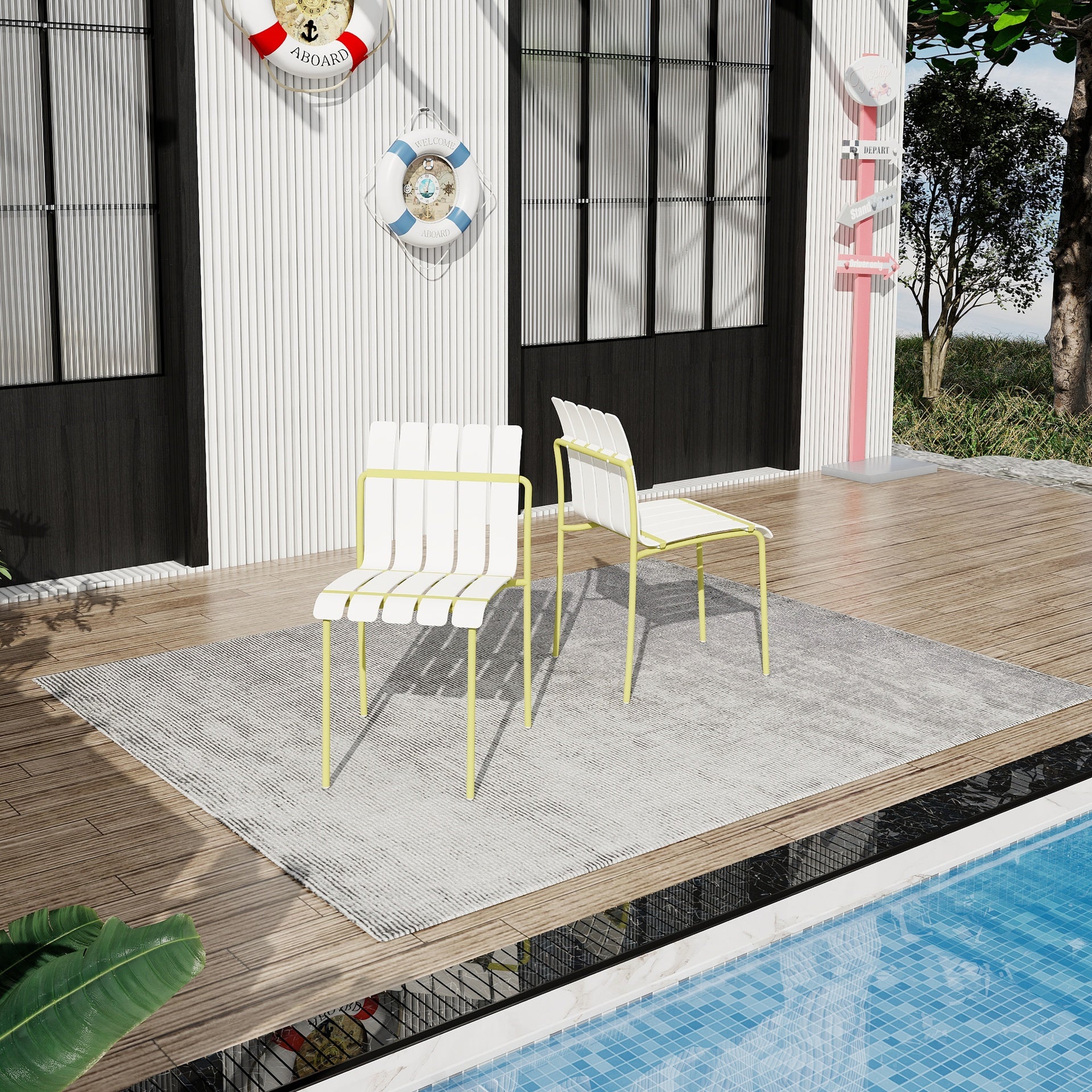 Holiday - 4-Pack Modern Striped Color Block Chairs - Waterproof PP Seat & Sturdy Metal Legs, Indoor/Outdoor Dining Set for Patio, Balcony, Café (White & Yellow)