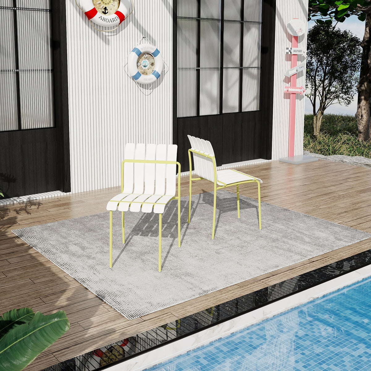 Holiday - 4-Pack Modern Striped Color Block Chairs - Waterproof PP Seat & Sturdy Metal Legs, Indoor/Outdoor Dining Set for Patio, Balcony, Café (White & Yellow)