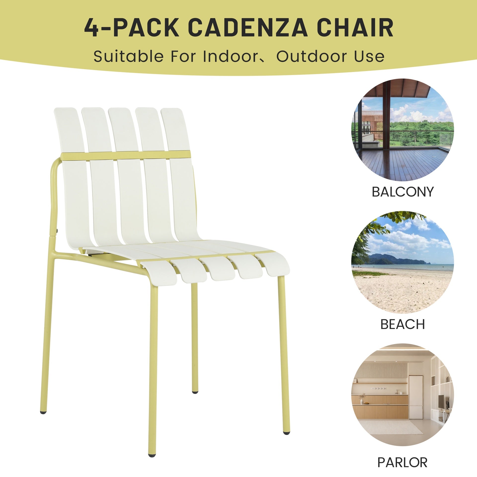 Holiday - 4-Pack Modern Striped Color Block Chairs - Waterproof PP Seat & Sturdy Metal Legs, Indoor/Outdoor Dining Set for Patio, Balcony, Café (White & Yellow)