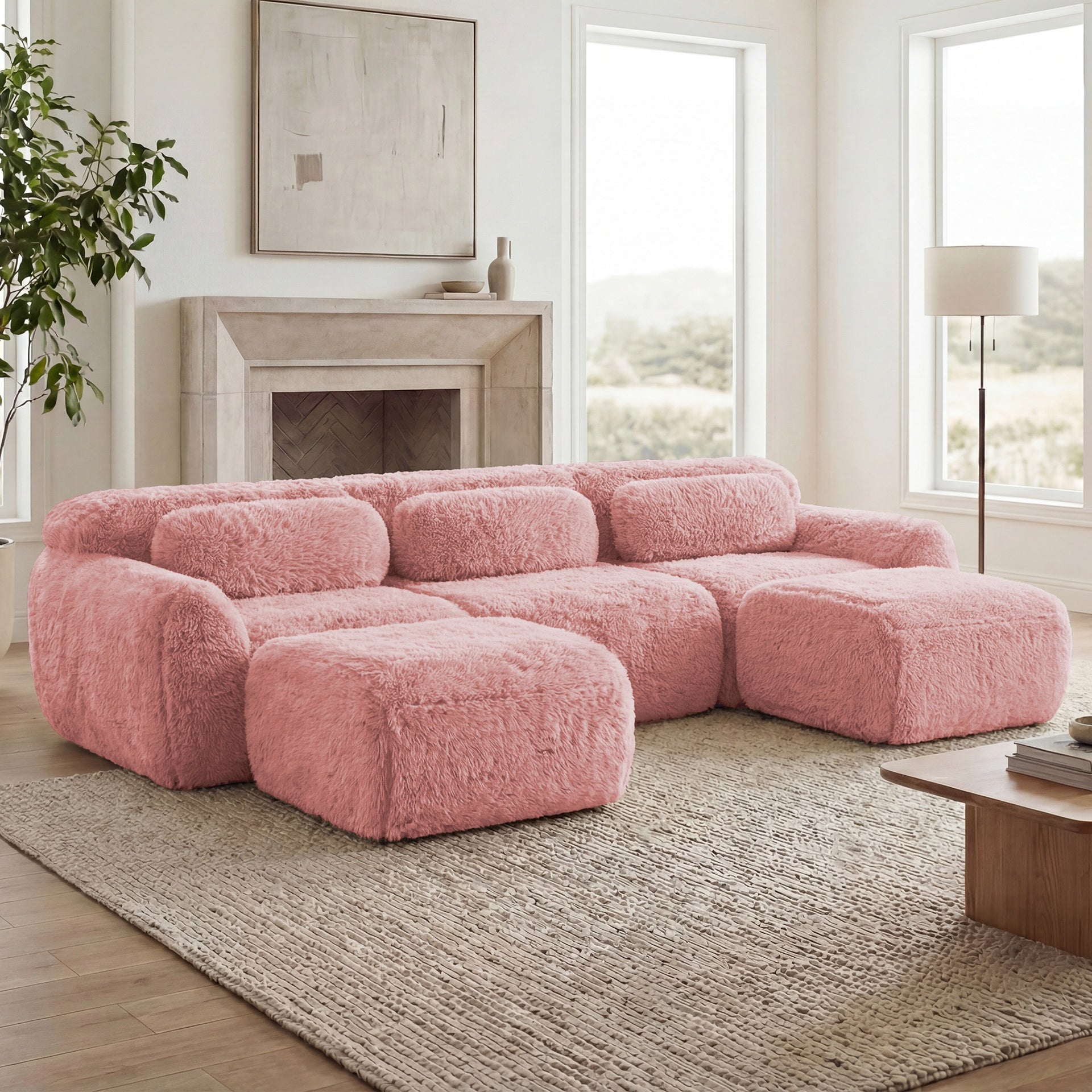 U-shaped  Boneless Sofa  32D High Density Sponge Bottom Anti-Slip Design With Chaise Free Combination Full-compression Vacuum Packaging Deep Seat Design For Bedroom,Study,And Home Theater,Pink