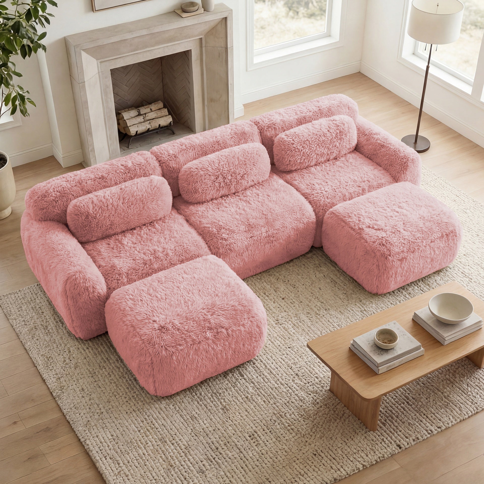 U-shaped  Boneless Sofa  32D High Density Sponge Bottom Anti-Slip Design With Chaise Free Combination Full-compression Vacuum Packaging Deep Seat Design For Bedroom,Study,And Home Theater,Pink