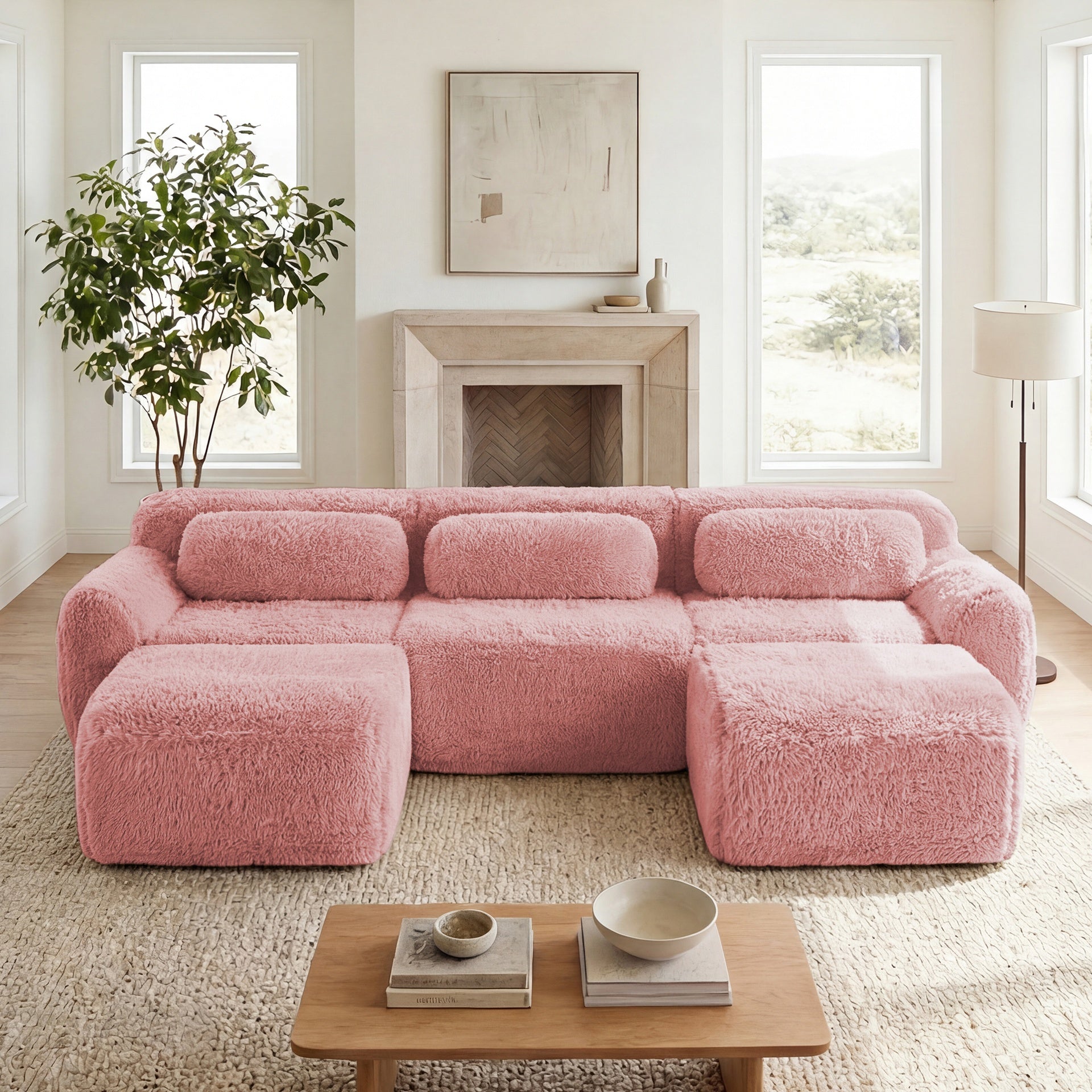 U-shaped  Boneless Sofa  32D High Density Sponge Bottom Anti-Slip Design With Chaise Free Combination Full-compression Vacuum Packaging Deep Seat Design For Bedroom,Study,And Home Theater,Pink
