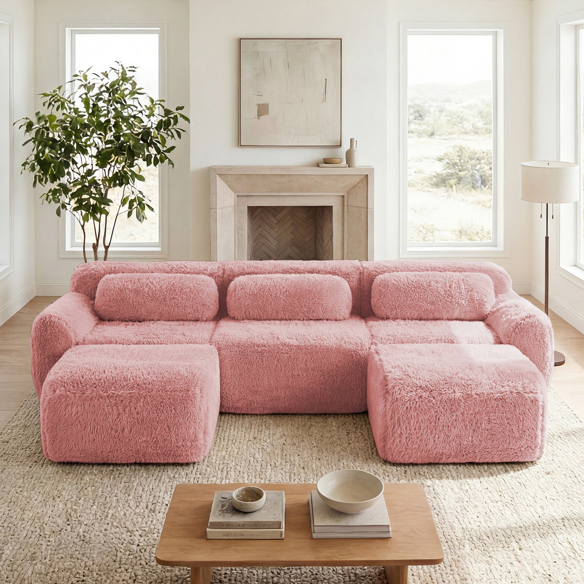 U-shaped  Boneless Sofa  32D High Density Sponge Bottom Anti-Slip Design With Chaise Free Combination Full-compression Vacuum Packaging Deep Seat Design For Bedroom,Study,And Home Theater,Pink