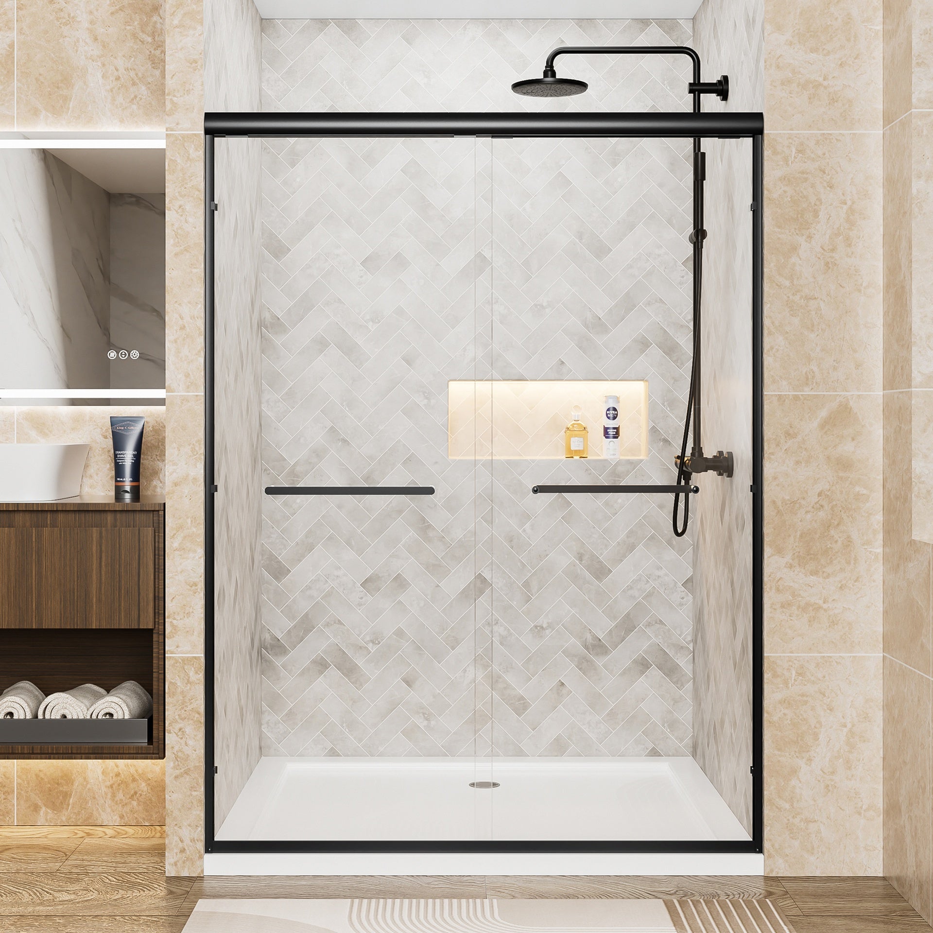 50"-54" W x 72" H Matte Black Aluminum Frame Double Sliding Shower Door, 1/4" (6mm) Clear Tempered Glass With Explosion-proof Film, Dual Stainless Steel Handles