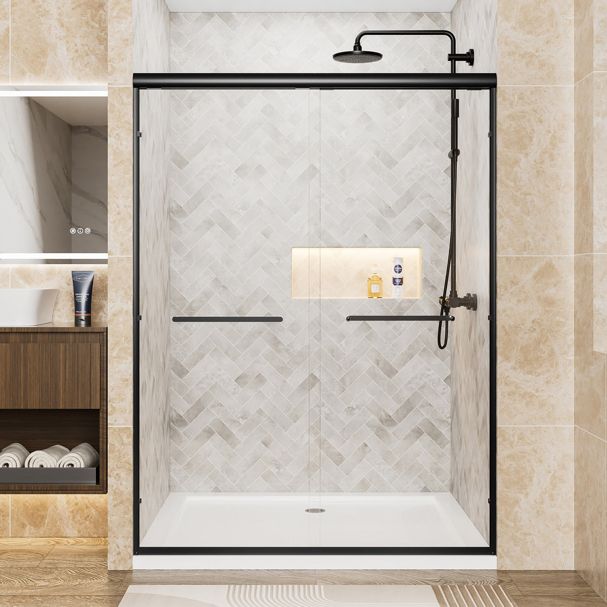 50"-54" W x 72" H Matte Black Aluminum Frame Double Sliding Shower Door, 1/4" (6mm) Clear Tempered Glass With Explosion-proof Film, Dual Stainless Steel Handles