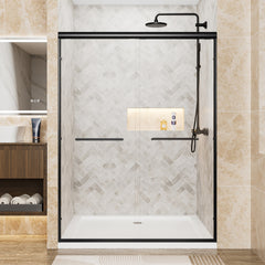 50"-54" W x 72" H Matte Black Aluminum Frame Double Sliding Shower Door, 1/4" (6mm) Clear Tempered Glass With Explosion-proof Film, Dual Stainless Steel Handles