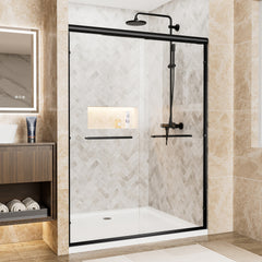 50"-54" W x 72" H Matte Black Aluminum Frame Double Sliding Shower Door, 1/4" (6mm) Clear Tempered Glass With Explosion-proof Film, Dual Stainless Steel Handles