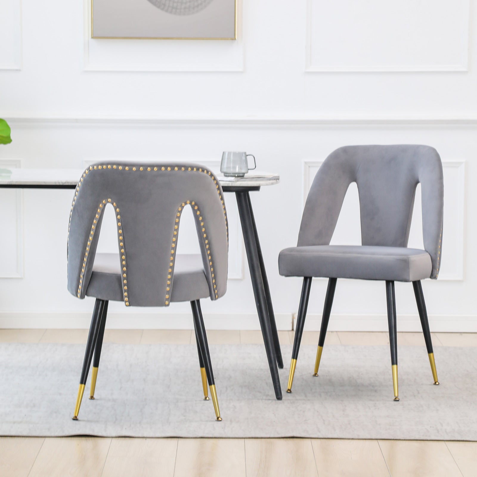 A&amp;A Furniture,Akoya Collection Modern | Contemporary Velvet Upholstered Dining Chair with Nailheads and Gold Tipped Black Metal Legs, Gray，Set of 2
