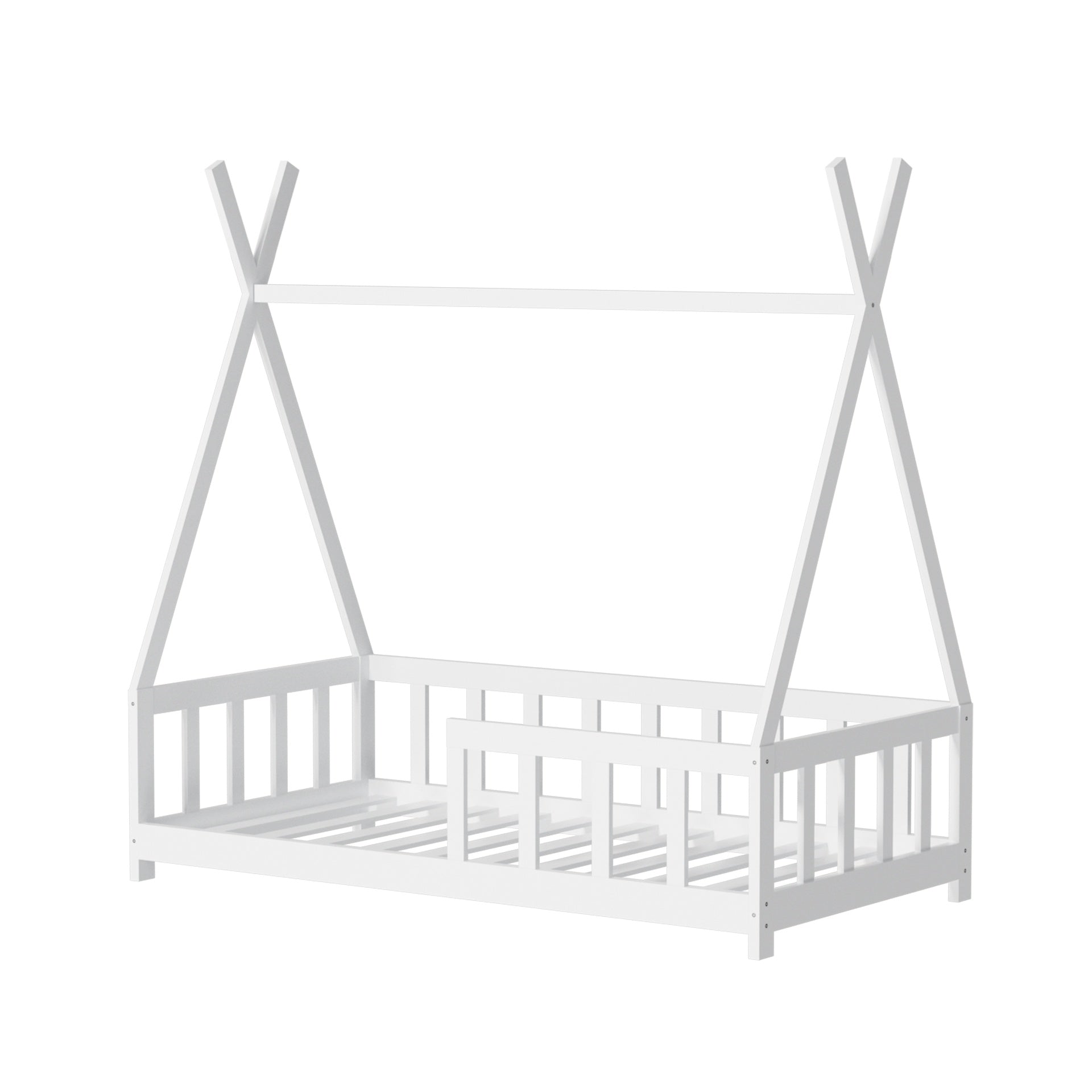 Floor Bed Frame for Kids, Wooden Montessori Floor Bed,House Bed for Kids Girls Boys, Tent beds, White with Guardrail