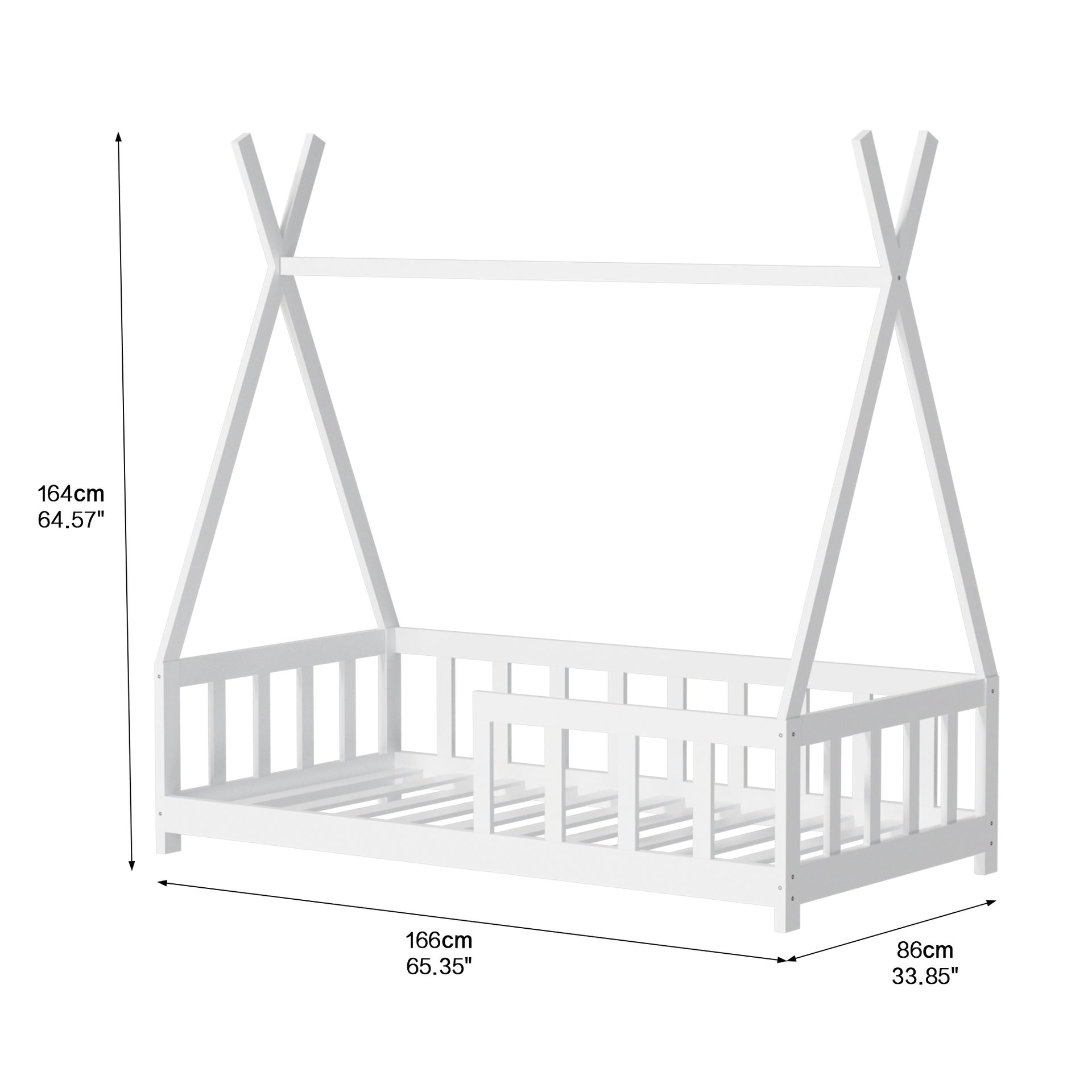 Floor Bed Frame for Kids, Wooden Montessori Floor Bed,House Bed for Kids Girls Boys, Tent beds, White with Guardrail