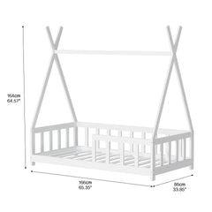 Floor Bed Frame for Kids, Wooden Montessori Floor Bed,House Bed for Kids Girls Boys, Tent beds, White with Guardrail