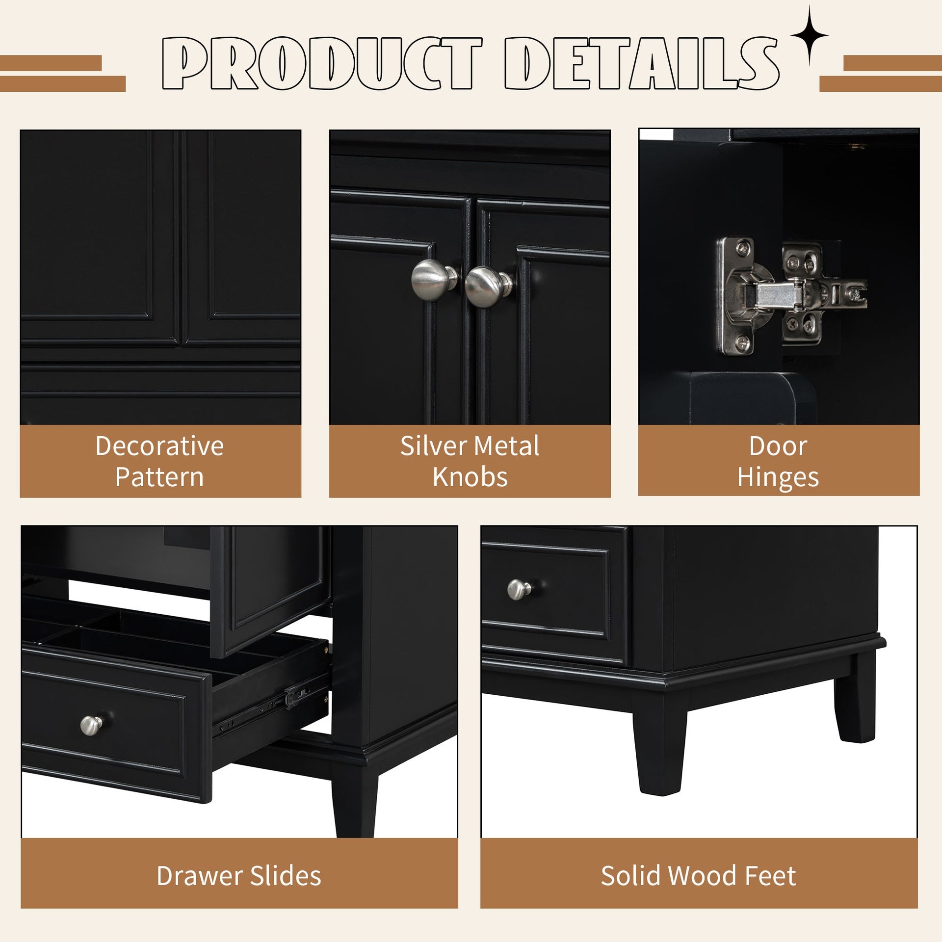 30" Bathroom Vanity without Sink, Base Only, Multi-functional Bathroom Cabinet with Doors and Drawer, Solid Frame and MDF Board, Black