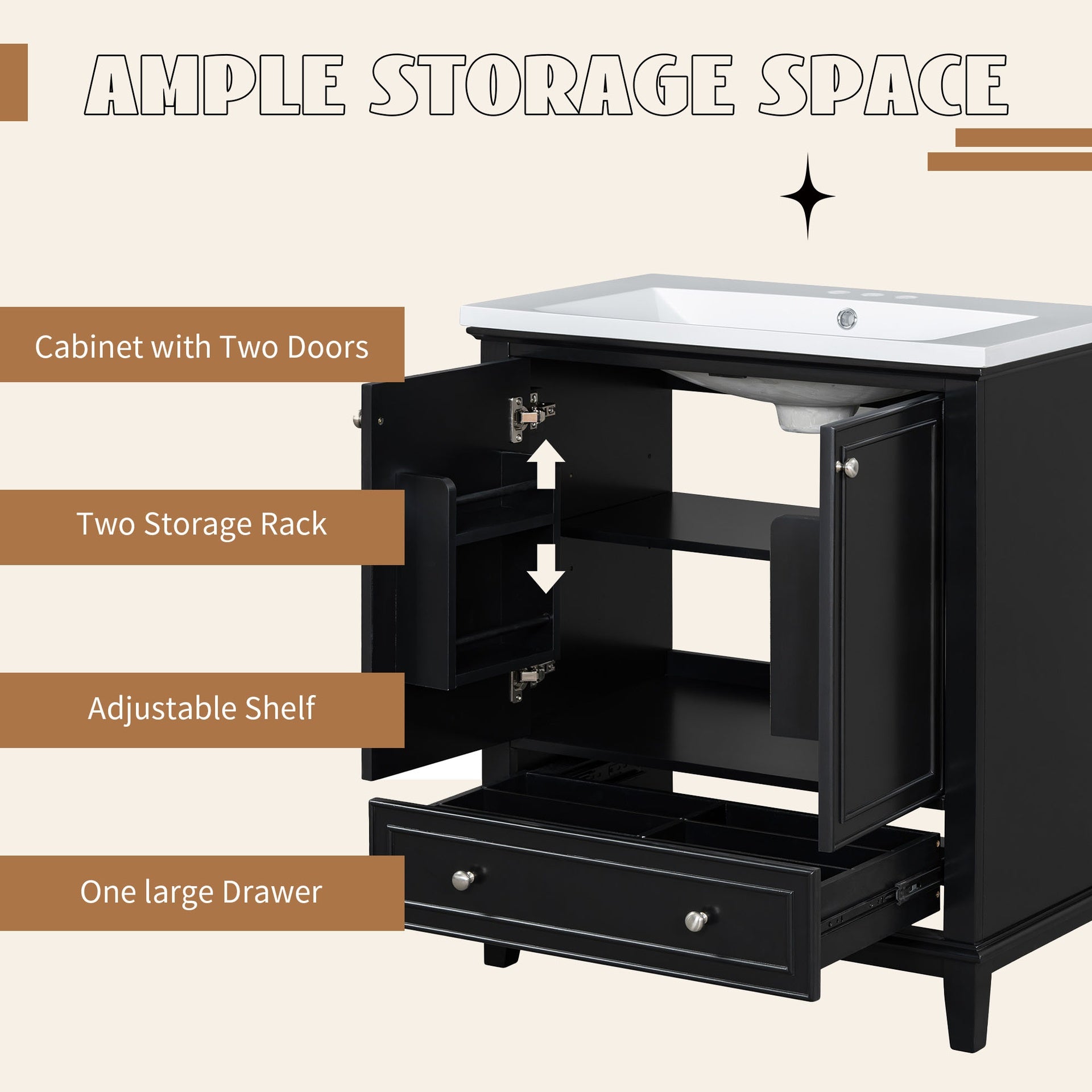 30" Bathroom Vanity without Sink, Base Only, Multi-functional Bathroom Cabinet with Doors and Drawer, Solid Frame and MDF Board, Black