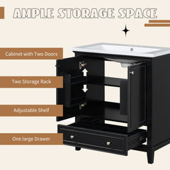 30" Bathroom Vanity without Sink, Base Only, Multi-functional Bathroom Cabinet with Doors and Drawer, Solid Frame and MDF Board, Black