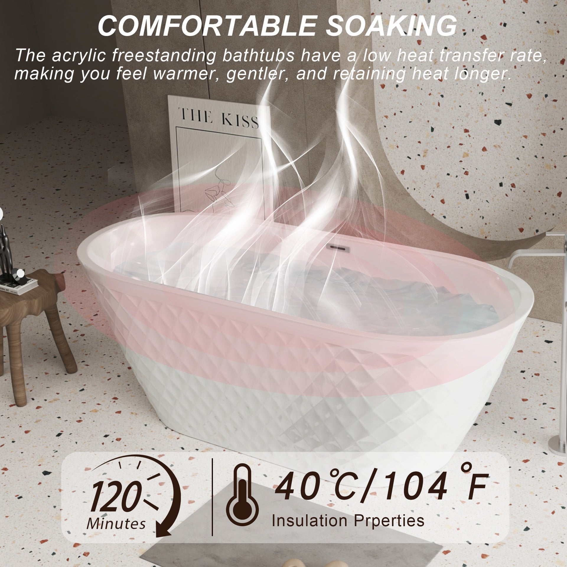 59'' acrylic freestanding bathtub with unique diamond pattern design: spacious oval shape,  Gloss white finish, Chrome overflow and pop-up drain CUPC Certificate