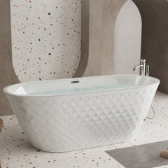 59'' acrylic freestanding bathtub with unique diamond pattern design: spacious oval shape,  Gloss white finish, Chrome overflow and pop-up drain CUPC Certificate