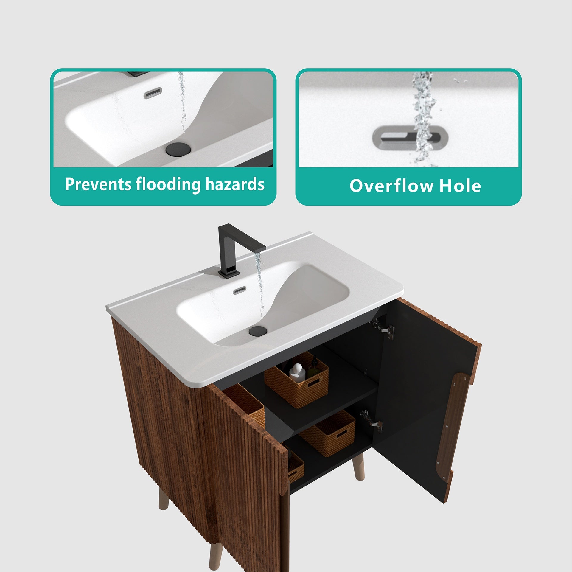 Etna 30"F Striped Walnut Bathroom Vanity with Sink, Freestanding & Wall Mounted Bathroom Cabinet Options for Modern Bathrooms, KD