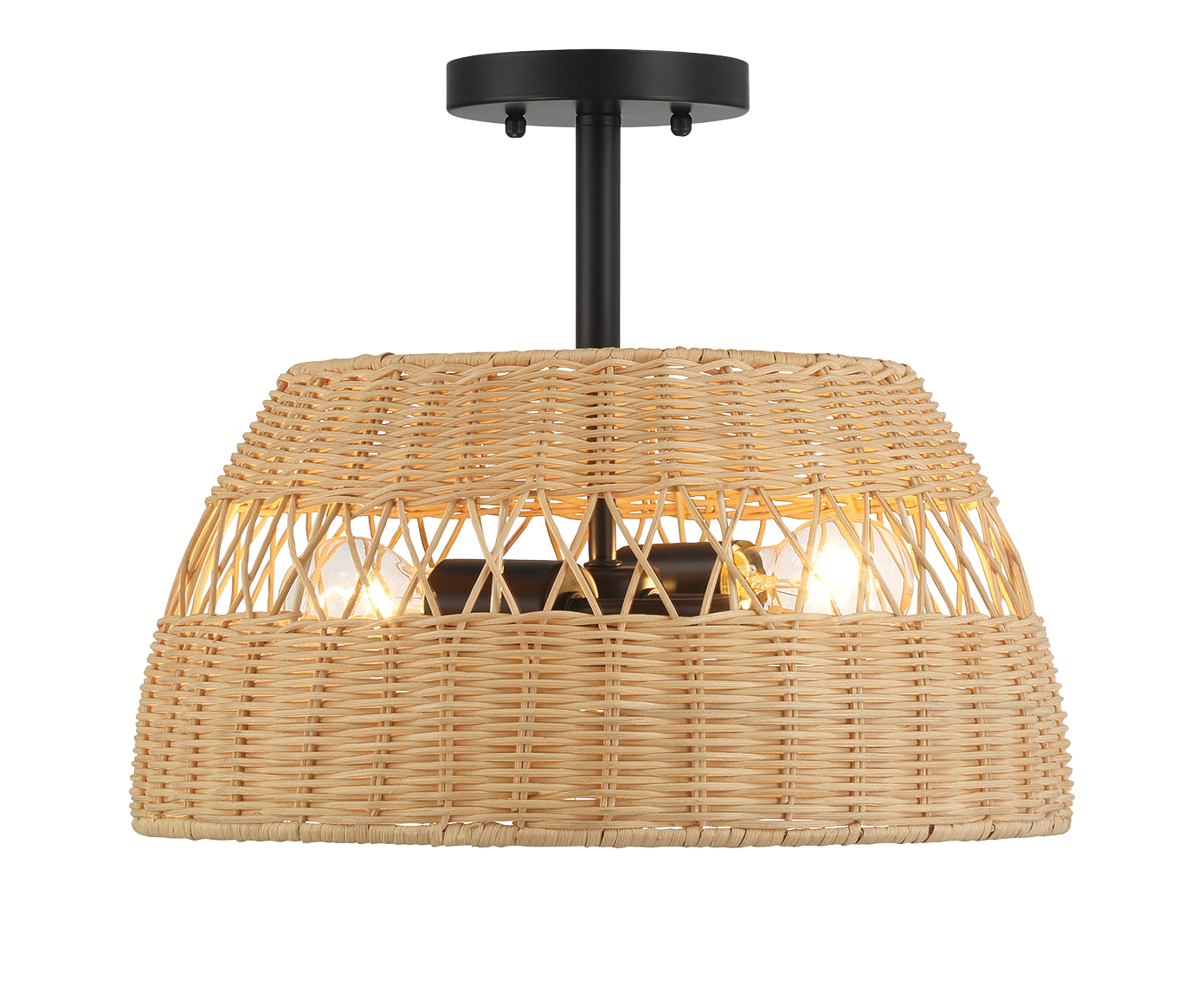 Twinkle Double Lights Semi Flush with Rattan Shade Black Metal Finish for Farmhouse Style Decor 12.6"H x 15"W x 15"D
