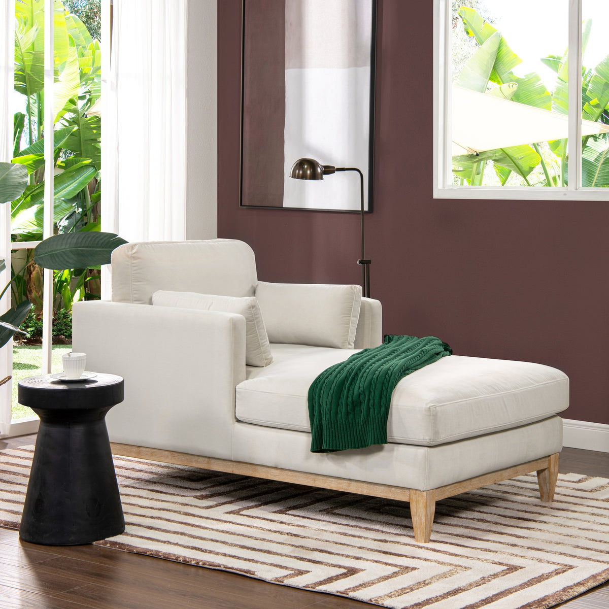 Knox 65" Modern Farmhouse Chaise Lounge Chair, French beige Performance Velvet