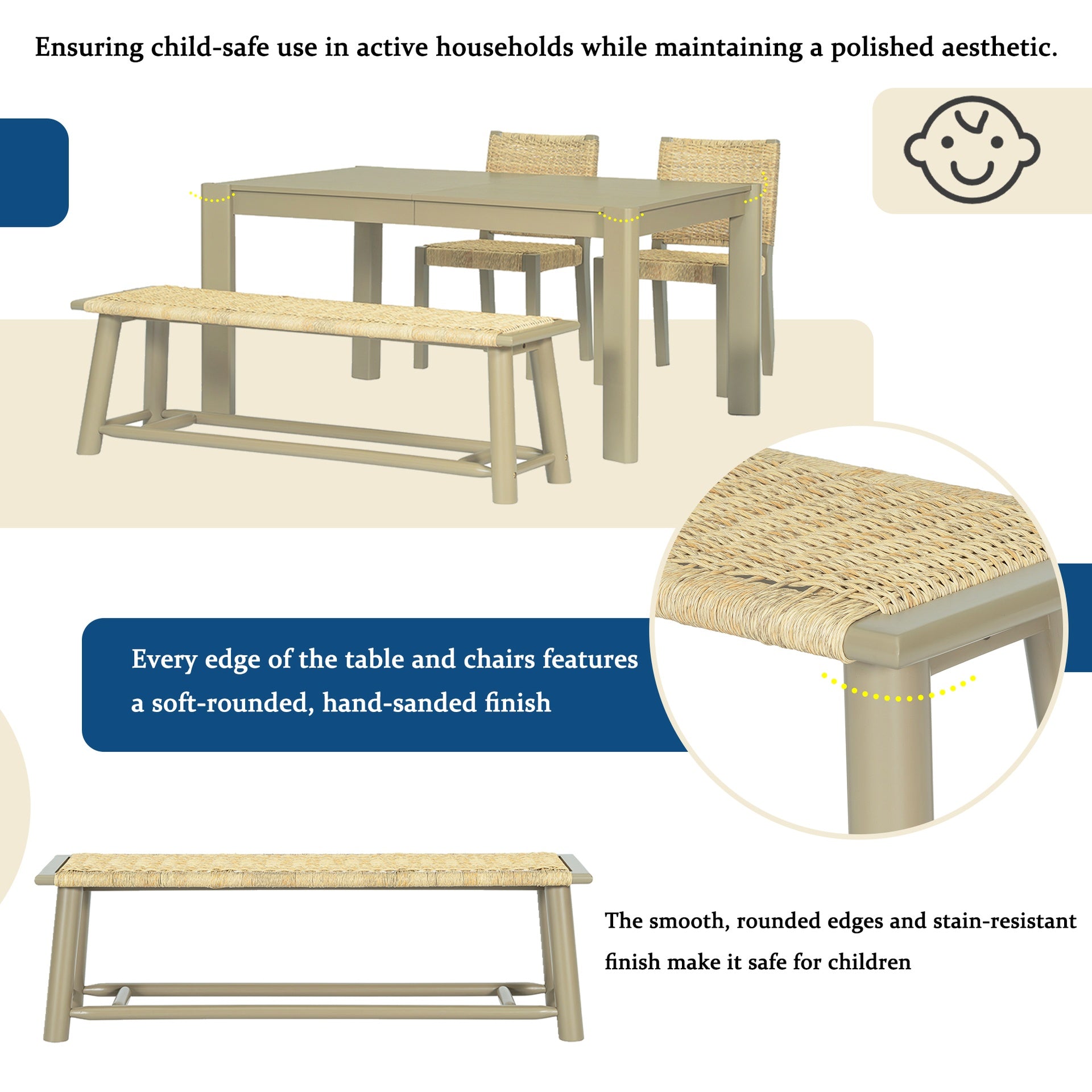 Farmhouse Modern Solid Wood Rattan Bench - 59 Inch Indoor & Covered Outdoor Bench Champagne Finish Multi-Functional Design