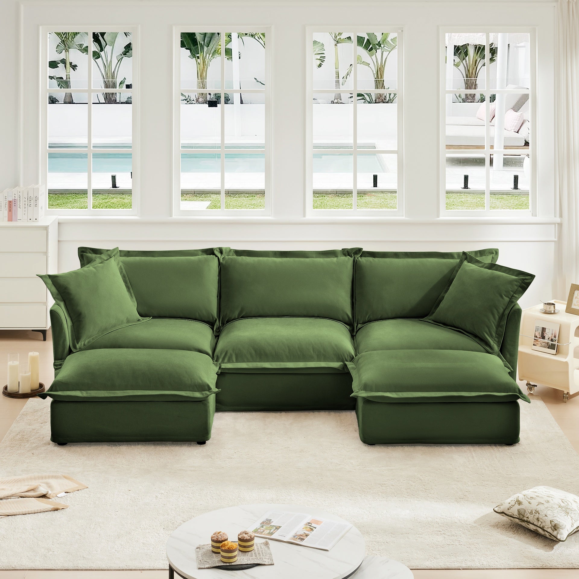 Slipcovered U Shape Sectional Deep Seat Sofa Couch, 3 Seater Sofa with French Edges Design Multiple Big Pillows, Modular Deep Seat Sectional Sofa Comfy Cloud Couch for Living Room, Apartment,Chenille