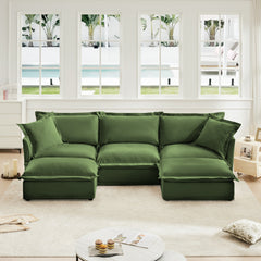 Slipcovered U Shape Sectional Deep Seat Sofa Couch, 3 Seater Sofa with French Edges Design Multiple Big Pillows, Modular Deep Seat Sectional Sofa Comfy Cloud Couch for Living Room, Apartment,Chenille