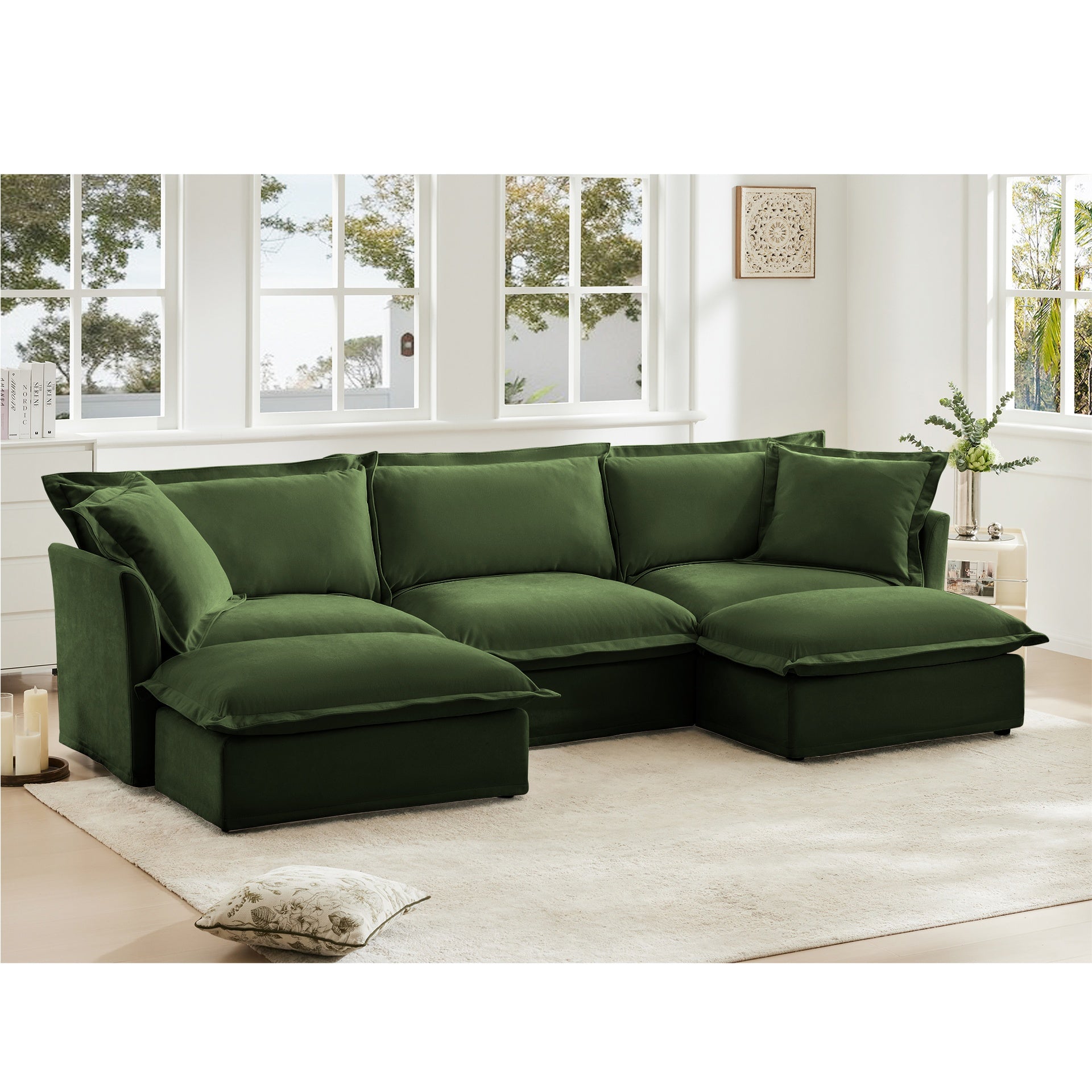 Slipcovered U Shape Sectional Deep Seat Sofa Couch, 3 Seater Sofa with French Edges Design Multiple Big Pillows, Modular Deep Seat Sectional Sofa Comfy Cloud Couch for Living Room, Apartment,Chenille
