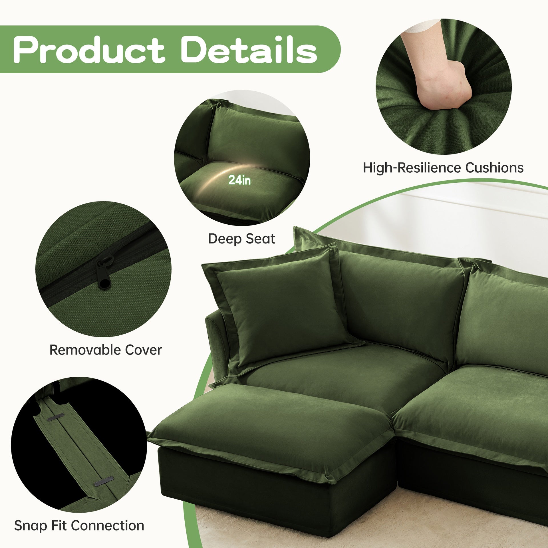 Slipcovered U Shape Sectional Deep Seat Sofa Couch, 3 Seater Sofa with French Edges Design Multiple Big Pillows, Modular Deep Seat Sectional Sofa Comfy Cloud Couch for Living Room, Apartment,Chenille