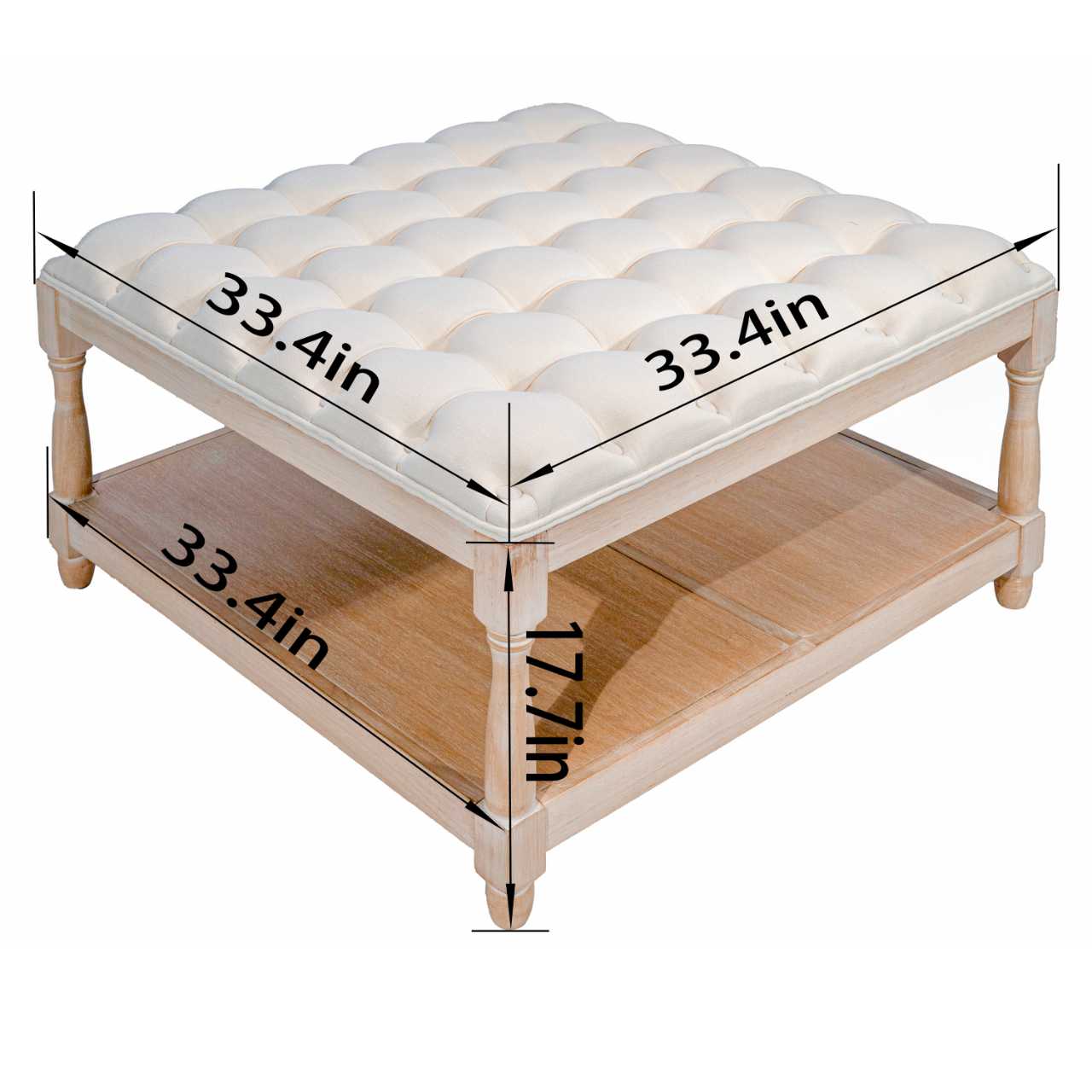 33-inch Large Square Ottoman Coffee Tables for Living Room, Tufted Upholstered Linen Ottoman with Storage Shelf and Solid Legs for Office Bedroom Farmhouse (Beige)