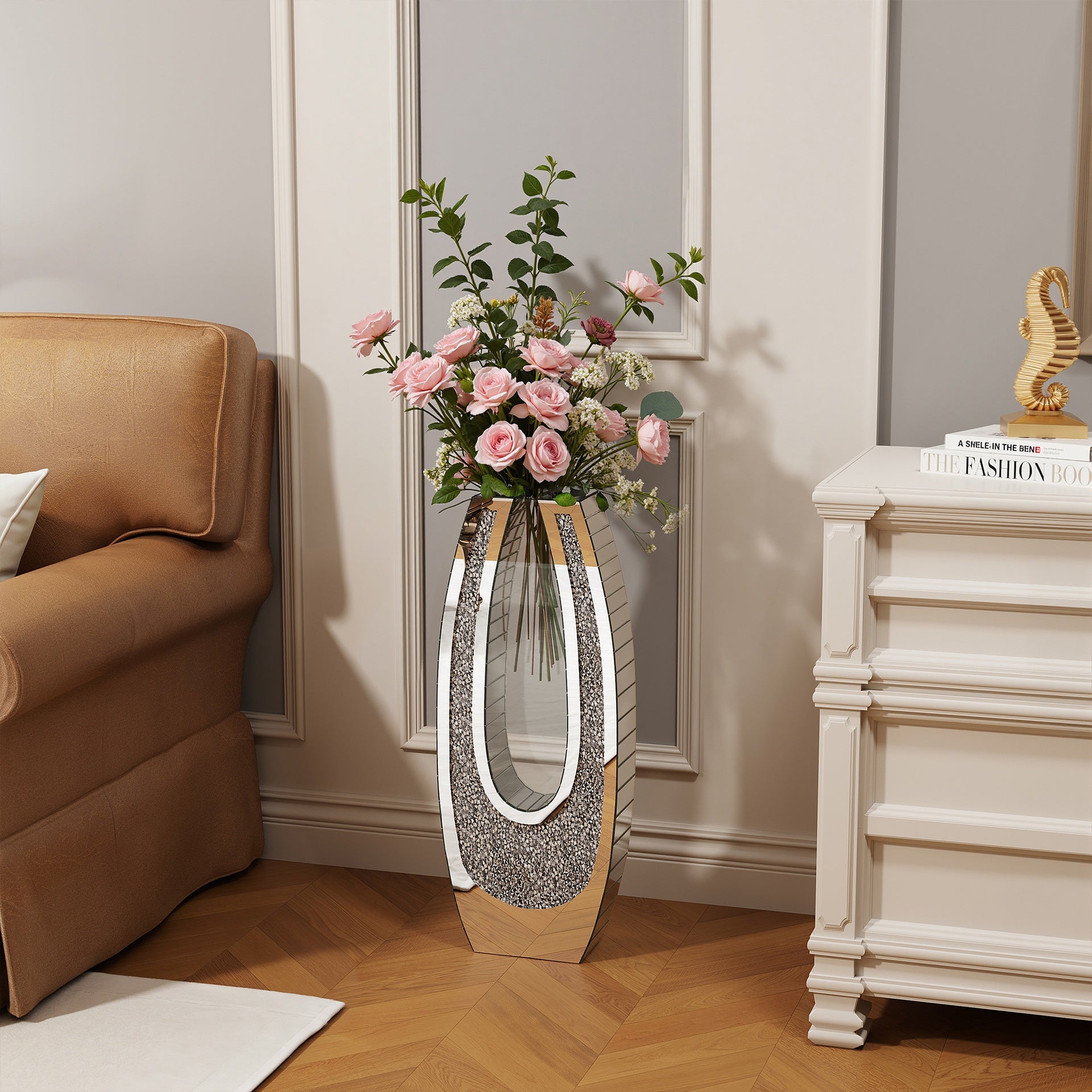 24.01"U-shaped Floor vase shattered diamond mirror surface vase silver tall vase transparent tempered glass large crystal glass decoration floor vase for living room corner hallway