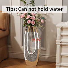 24.01"U-shaped Floor vase shattered diamond mirror surface vase silver tall vase transparent tempered glass large crystal glass decoration floor vase for living room corner hallway
