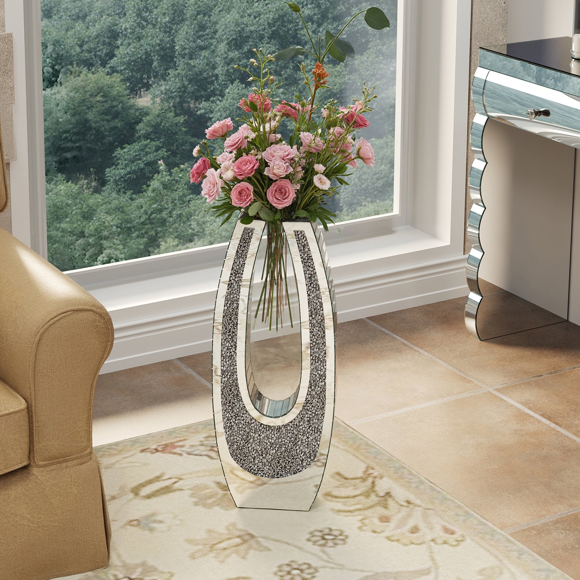 24.01"U-shaped Floor vase shattered diamond mirror surface vase silver tall vase transparent tempered glass large crystal glass decoration floor vase for living room corner hallway