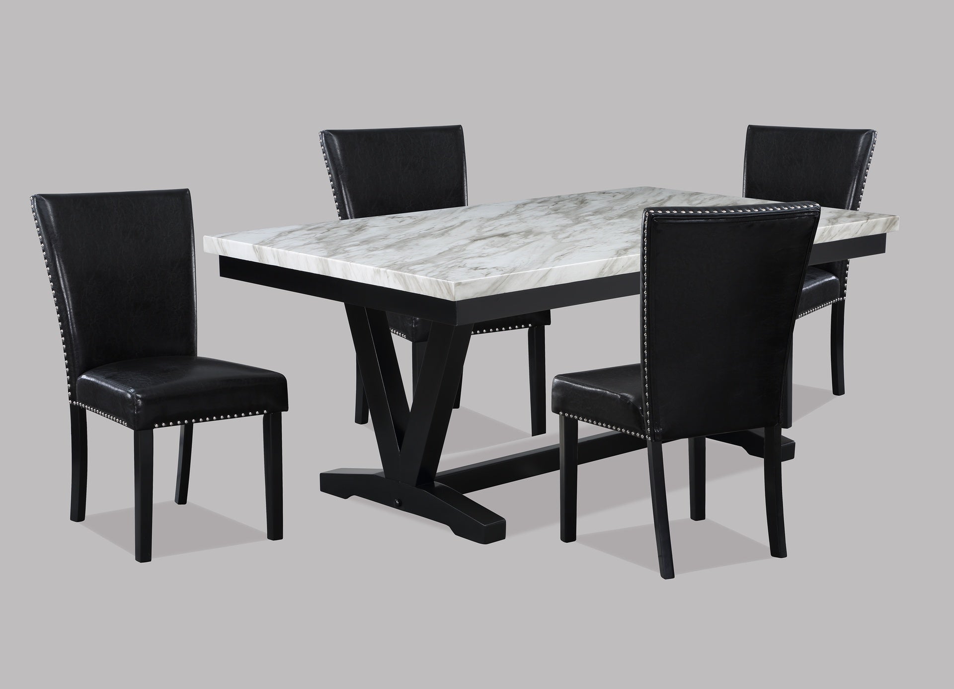 Modern White Faux Marble & Black Dining Room Rectangular Table V-Shape Trestle Design Wooden Base 1pc Furniture