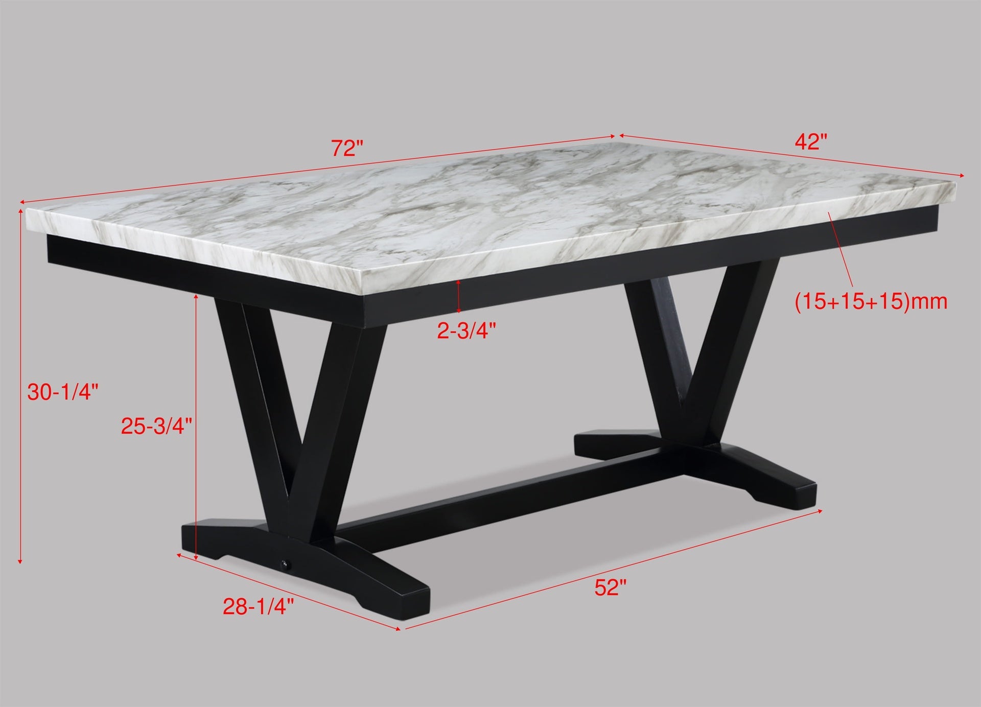 Modern White Faux Marble & Black Dining Room Rectangular Table V-Shape Trestle Design Wooden Base 1pc Furniture